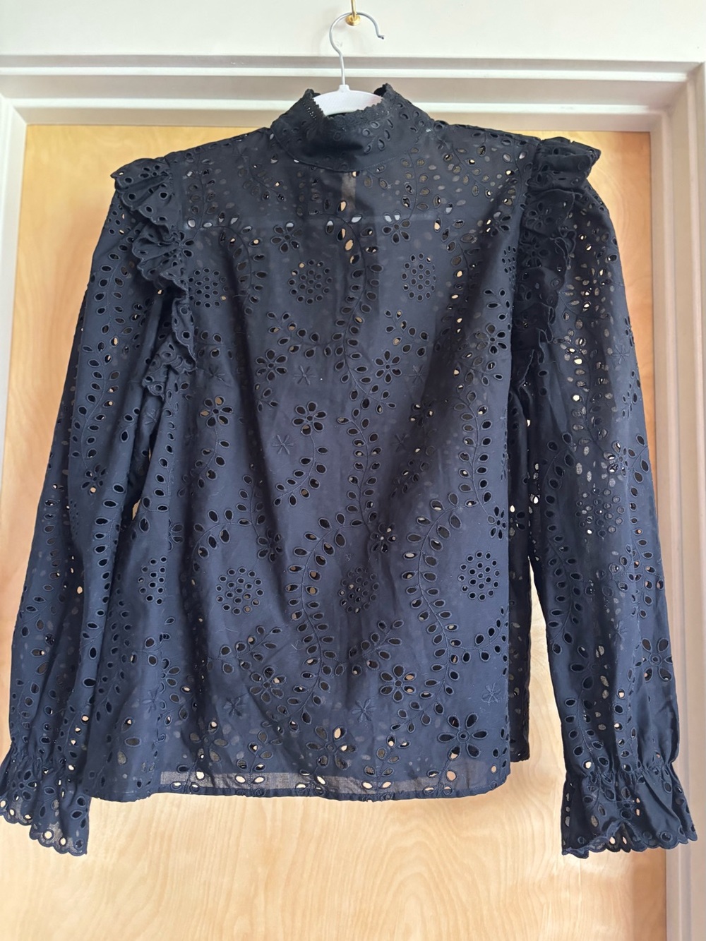 Emerson Fry Black Cotton Eyelet Ruffle Mock Neck Long Sleeve Blouse Top M